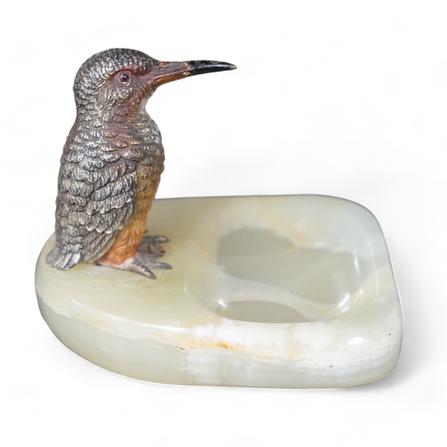 A cold painted bronze and onyx ‘kingfisher’ ashtray, 7cm tall. Condition - fair to good, some wear to beak